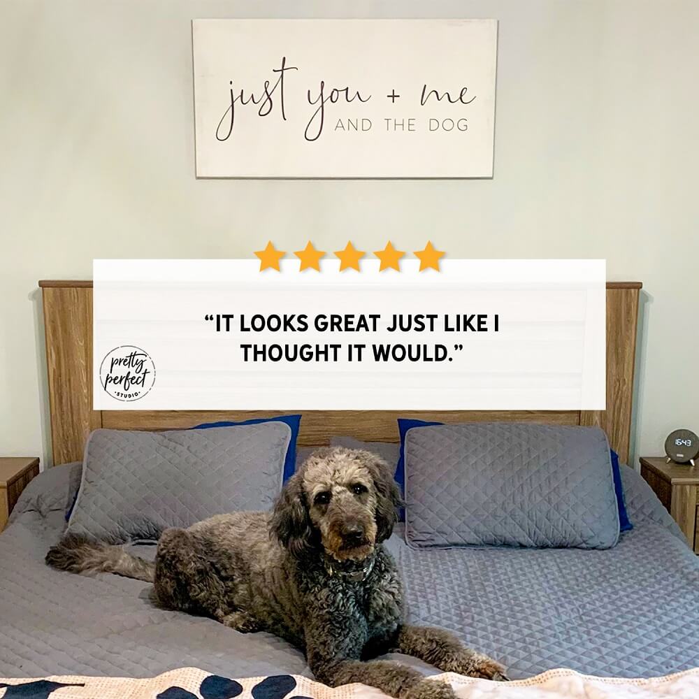 Custom pet wall sign "Just You + Me and the Dog" – personalized canvas wall art for dog lovers, bedroom décor, and pet-friendly home gifts