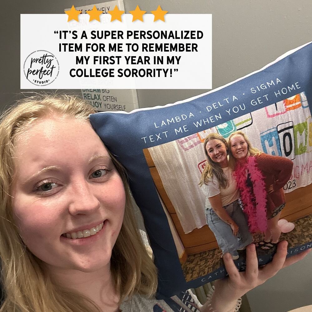 Smiling customer showing custom photo pillow with vibrant printed memories and soft fabric
