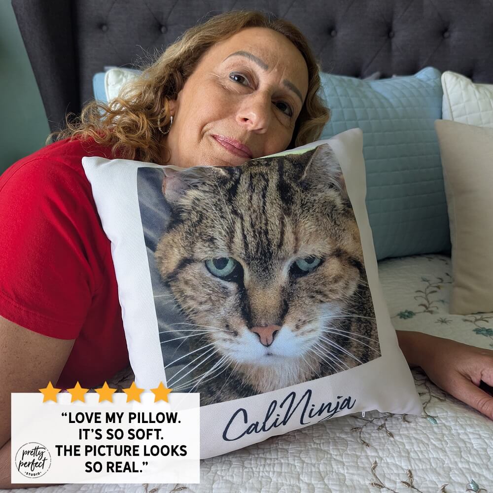 Happy customer holding personalized photo pillow with collage design, custom gift idea