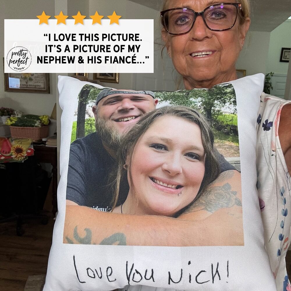 Personalized photo pillow with couple picture and custom message “Love You Nick,” unique custom picture gift for family or loved ones