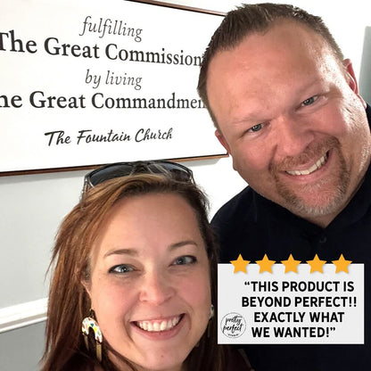 Happy customers posing with custom quote office wall sign, showcasing positive review and stylish professional clinic decor for waiting room or reception area