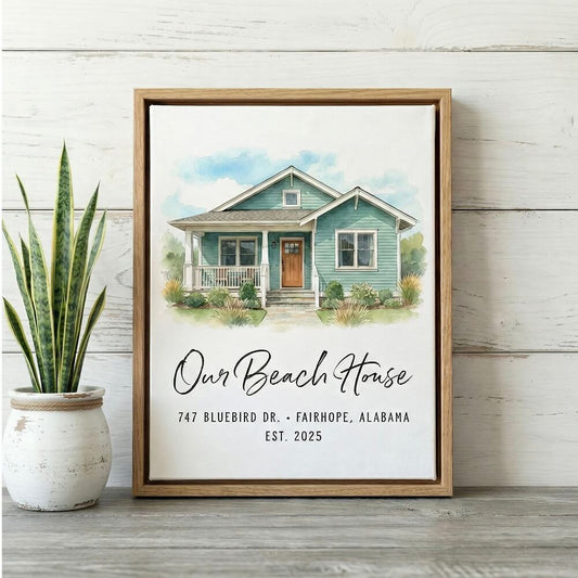 Custom House Painting from a Photo, Realtor Real Estate Closing Gifts for New Home Buyers Clients, framed watercolor house illustration with greenery on shelf.