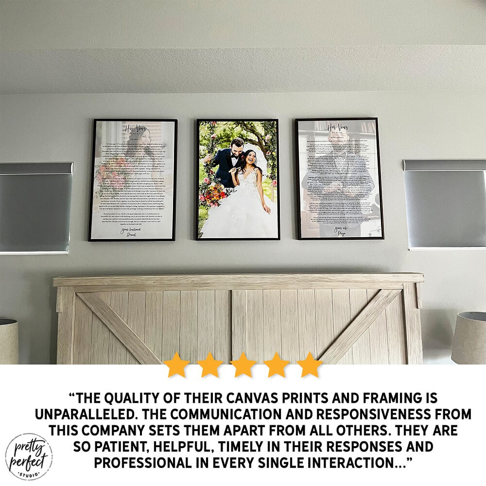Framed custom wedding vows canvas print set with personalized couple photo, elegant wall art for weddings, anniversaries, and home decor