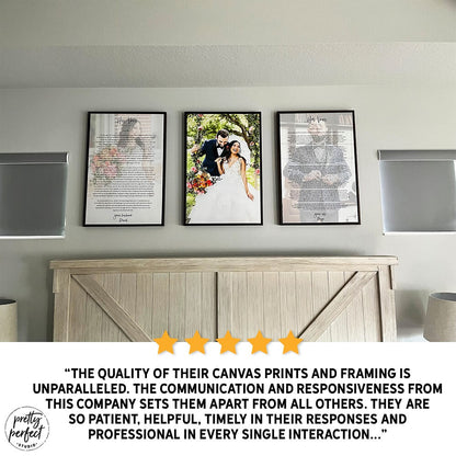 Framed custom wedding vows canvas print set with personalized couple photo, elegant wall art for weddings, anniversaries, and home decor