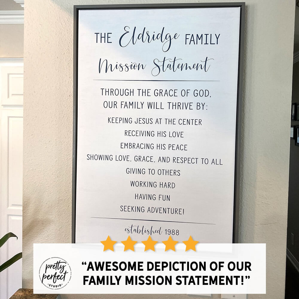 Personalized Eldridge family mission statement wall sign featuring inspirational family values and Christian message, modern farmhouse home decor print with elegant typography