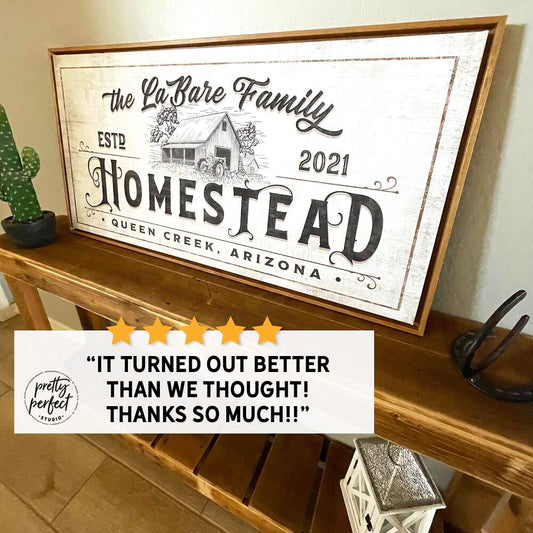 Custom La Bare family homestead framed sign with established date and Queen Creek Arizona text, rustic farmhouse wall decor with vintage barn illustration for personalized home display