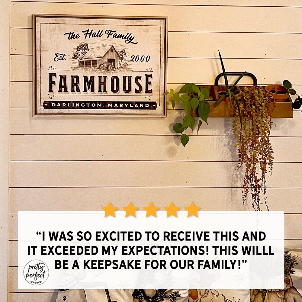 Personalized farmhouse canvas sign featuring Hall Family name with barn illustration, established 2000 in Darlington Maryland, rustic custom family wall decor