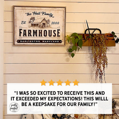 Personalized farmhouse canvas sign featuring Hall Family name with barn illustration, established 2000 in Darlington Maryland, rustic custom family wall decor
