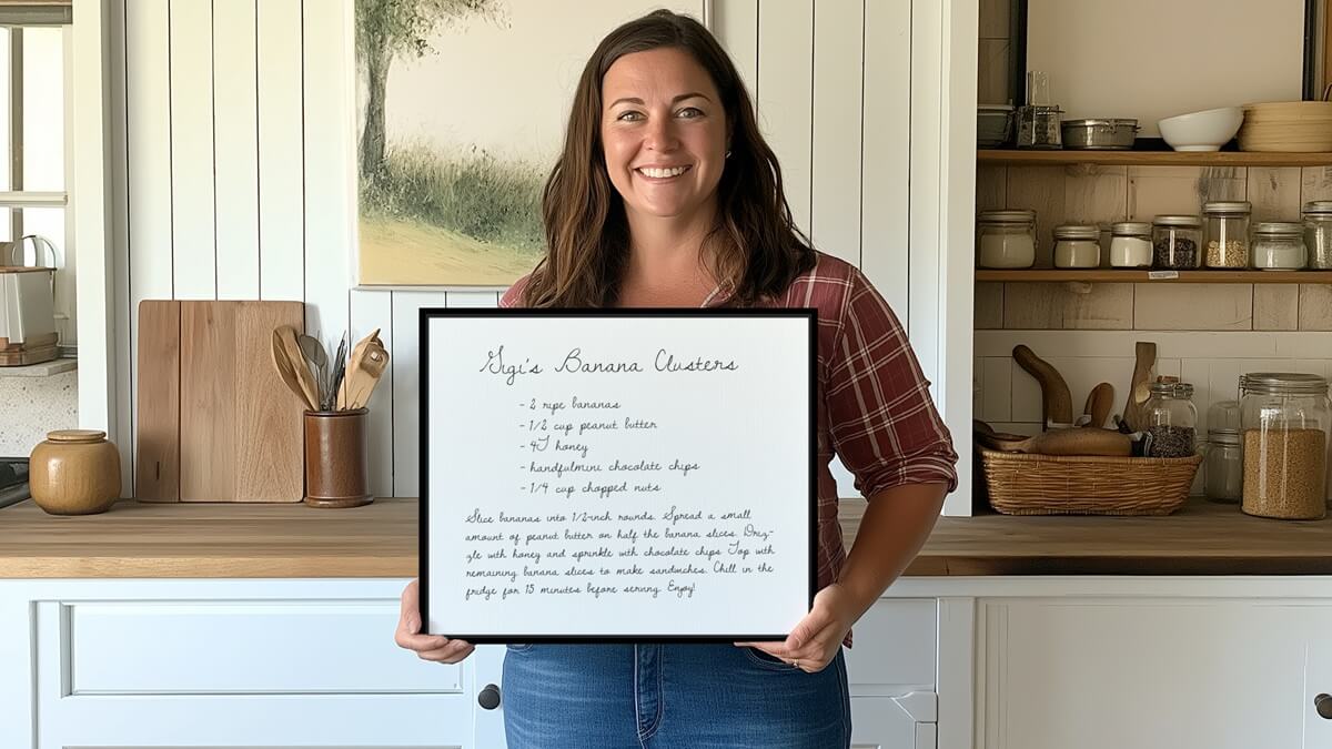 Customer holding personalized handwritten recipe canvas wall art in modern farmhouse kitchen.