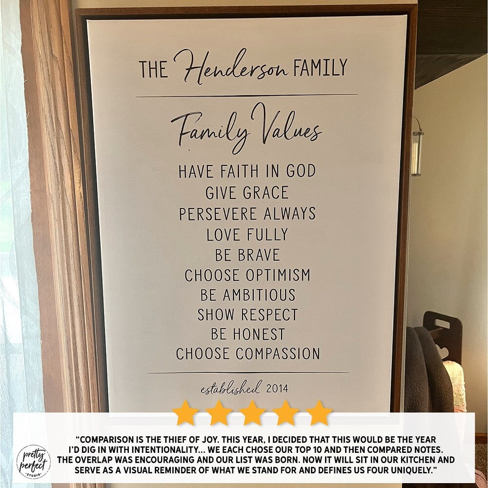 Personalized Henderson family values framed wall art with inspirational phrases like have faith in God, give grace, persevere always, and choose compassion, rustic modern home decor sign