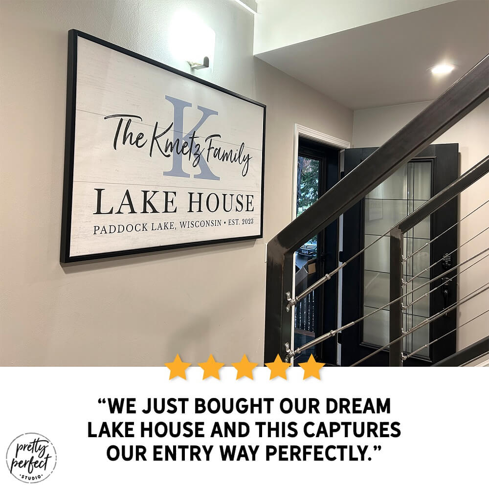 Custom lake house wall sign with family name displayed in modern bedroom product review by Pretty Perfect Studio