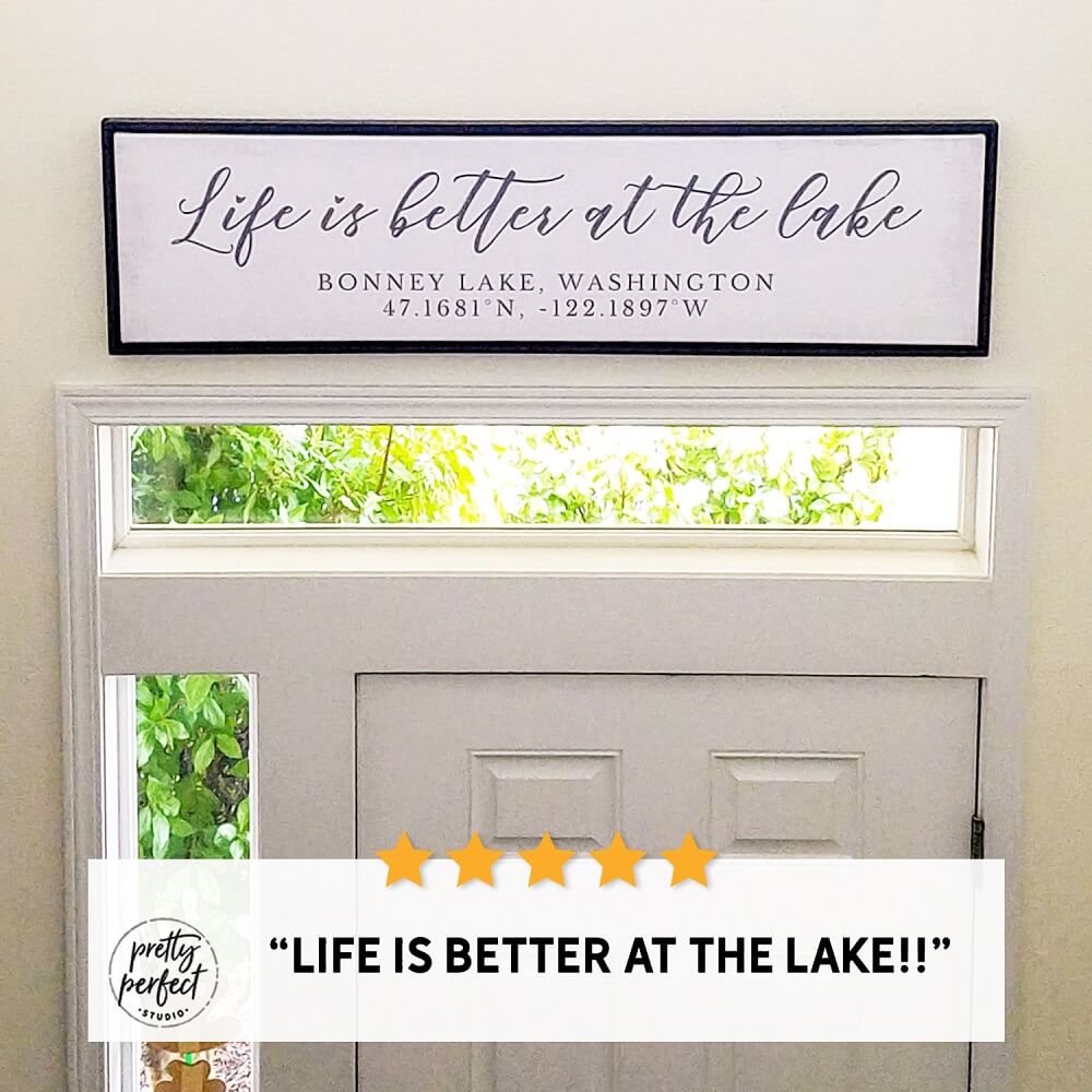 Life Is Better at the Lake sign displayed in a bright entryway, showcasing custom lake house wall decor with a clean farmhouse style