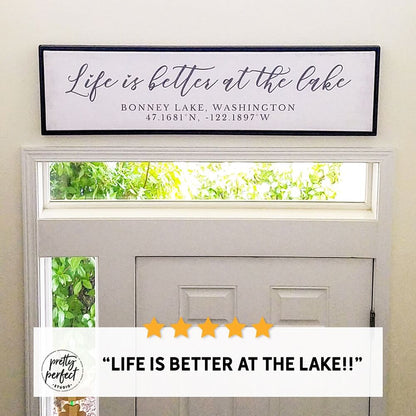 Life Is Better at the Lake sign displayed in a bright entryway, showcasing custom lake house wall decor with a clean farmhouse style
