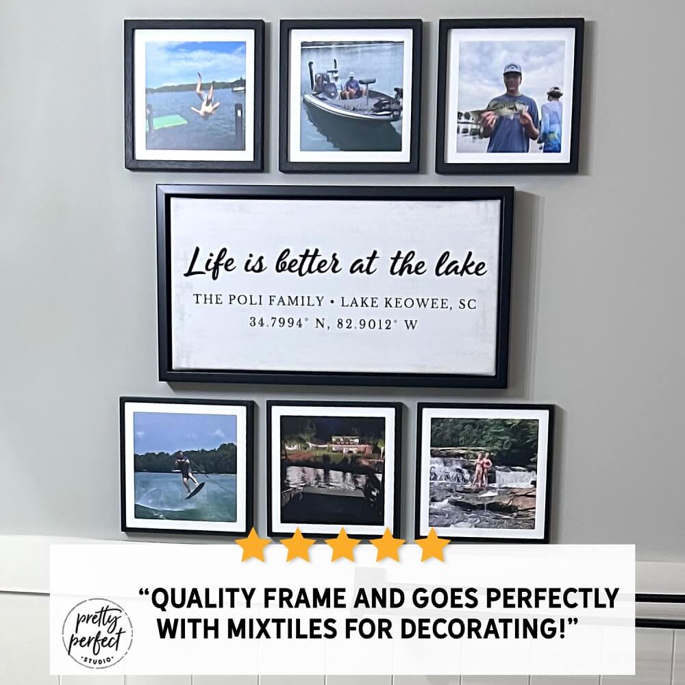 Life Is Better at the Lake sign styled in a gallery wall with framed lake memories, perfect for personalized lake house wall art decor
