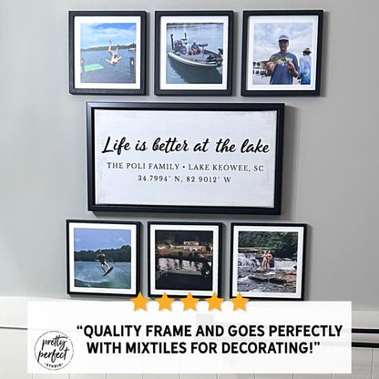 Life Is Better at the Lake sign styled in a gallery wall with framed lake memories, perfect for personalized lake house wall art decor