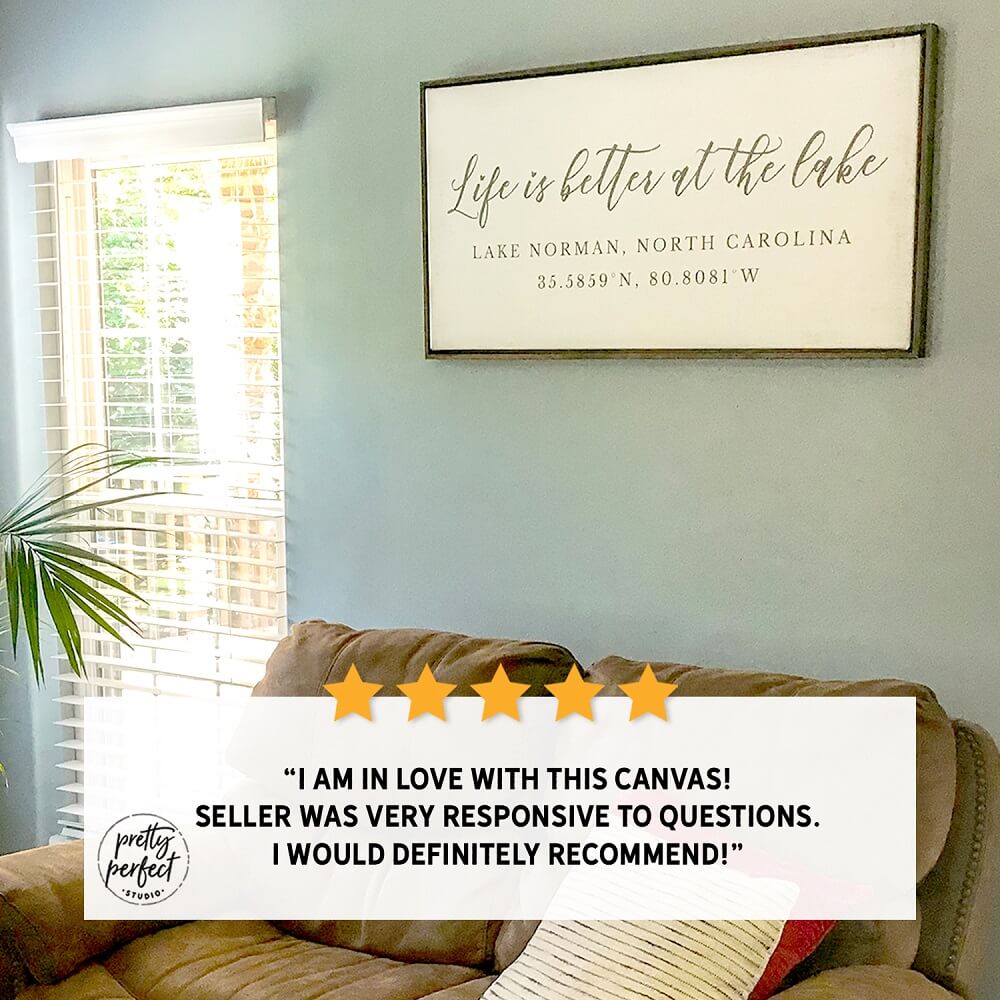 Life Is Better at the Lake sign in a couch, featuring a personalized lake house wall art design