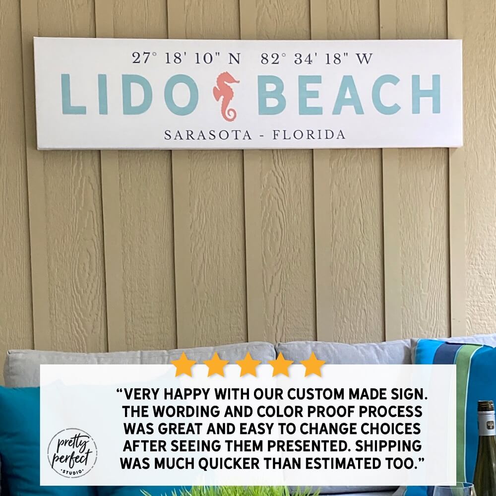 custom Beach sign with coordinates and location, personalized coastal wall art with seahorse design, beach house decor with GPS coordinates sign, seaside location sign for vacation home, customer review photo showing outdoor beach wall sign