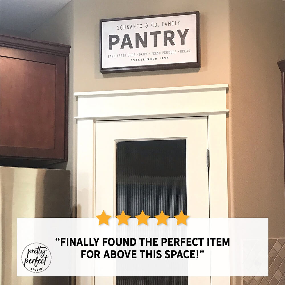 Farmhouse pantry sign wall decor mounted above kitchen door, rustic black framed pantry sign for modern farmhouse kitchen styling