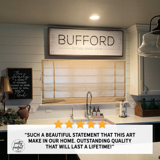 Personalized family name sign wall art with established date, rustic farmhouse wood decor framed above kitchen window, custom last name sign for home interior