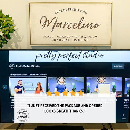 Personalized family name wall art sign Marcelino with names Paolo, Charlotte, Matthew, Charlene, Pauline – custom canvas wall décor for home customer product review by Pretty Perfect Studio