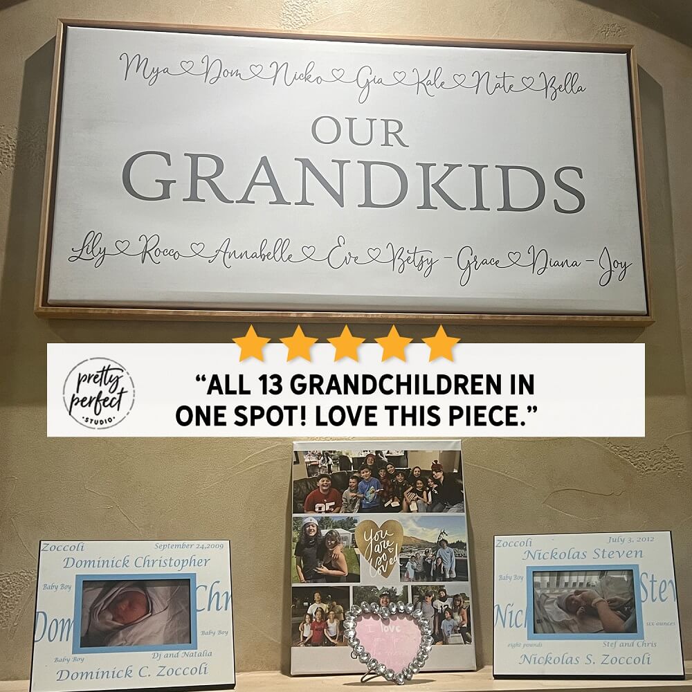Personalized "Our Grandkids" wall art with all 13 grandchildren names, displayed with family photo frames, perfect custom family gift and home decor