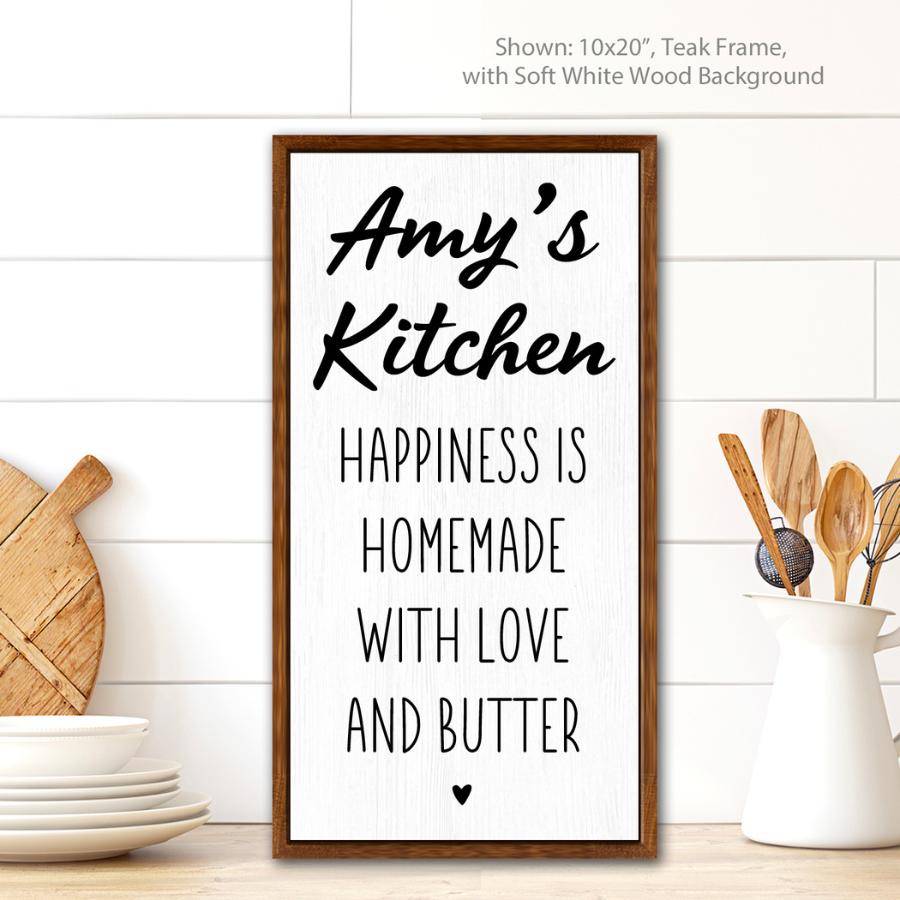 vertical canvas wall art personalized kitchen sign “Amy’s Kitchen” happiness is homemade quote with teak frame for farmhouse kitchen decor