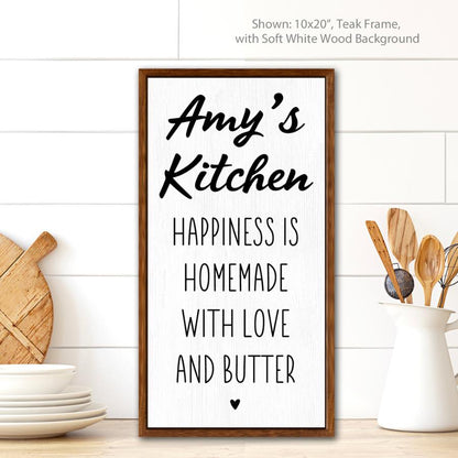 vertical canvas wall art personalized kitchen sign “Amy’s Kitchen” happiness is homemade quote with teak frame for farmhouse kitchen decor
