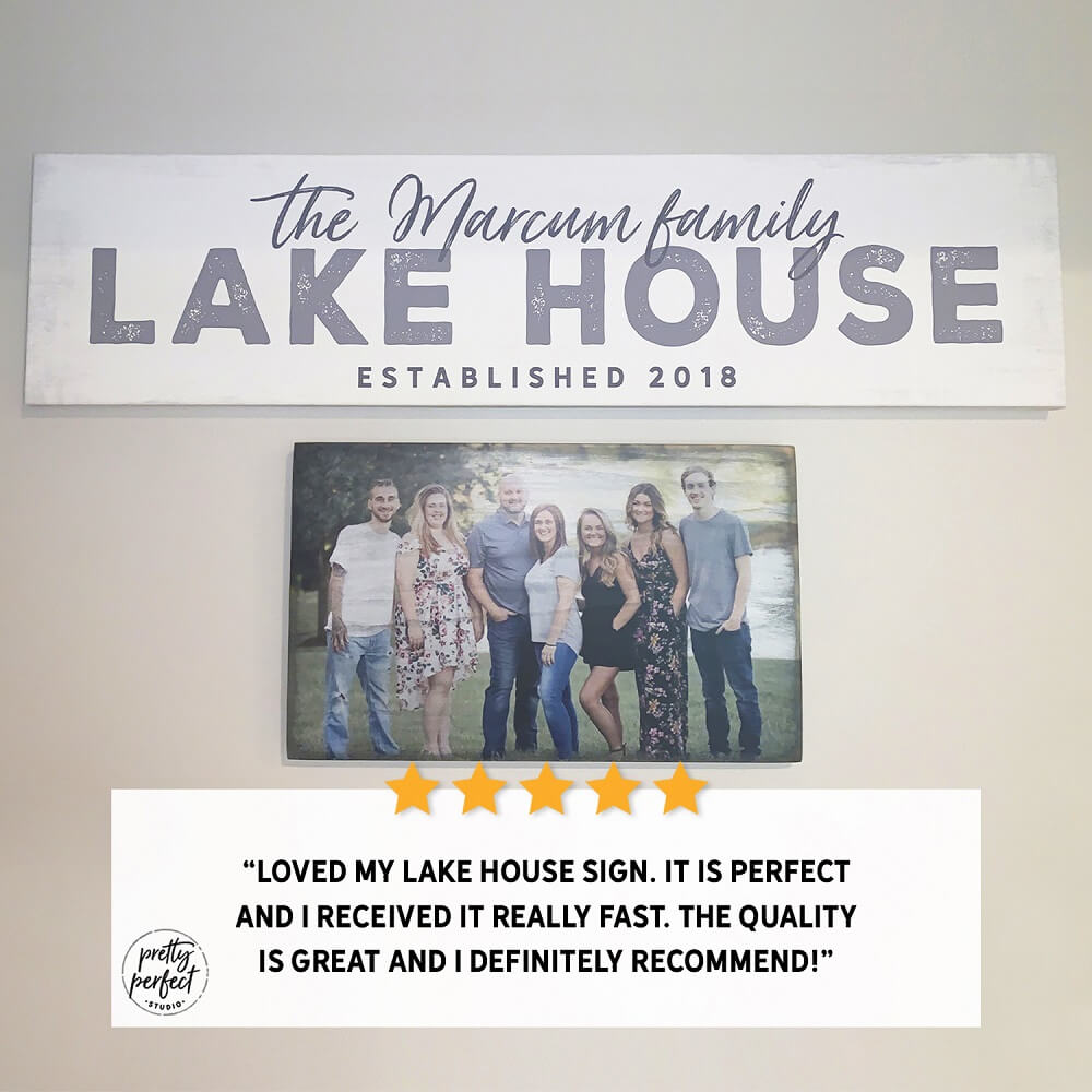 Custom lake house sign featuring family name and location in a modern farmhouse style