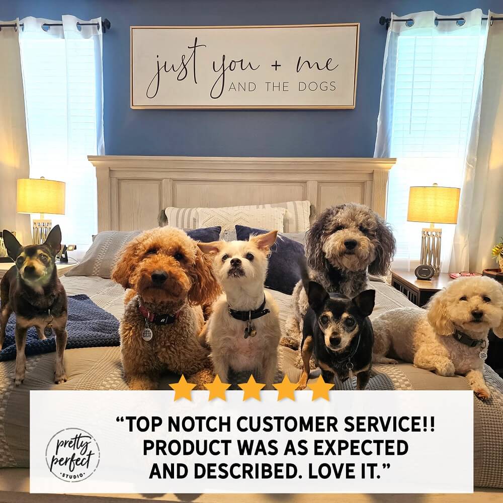 Personalized wall sign "Just You + Me and the Dogs" – custom pet lover home décor canvas, perfect gift for dog owners and family wall art