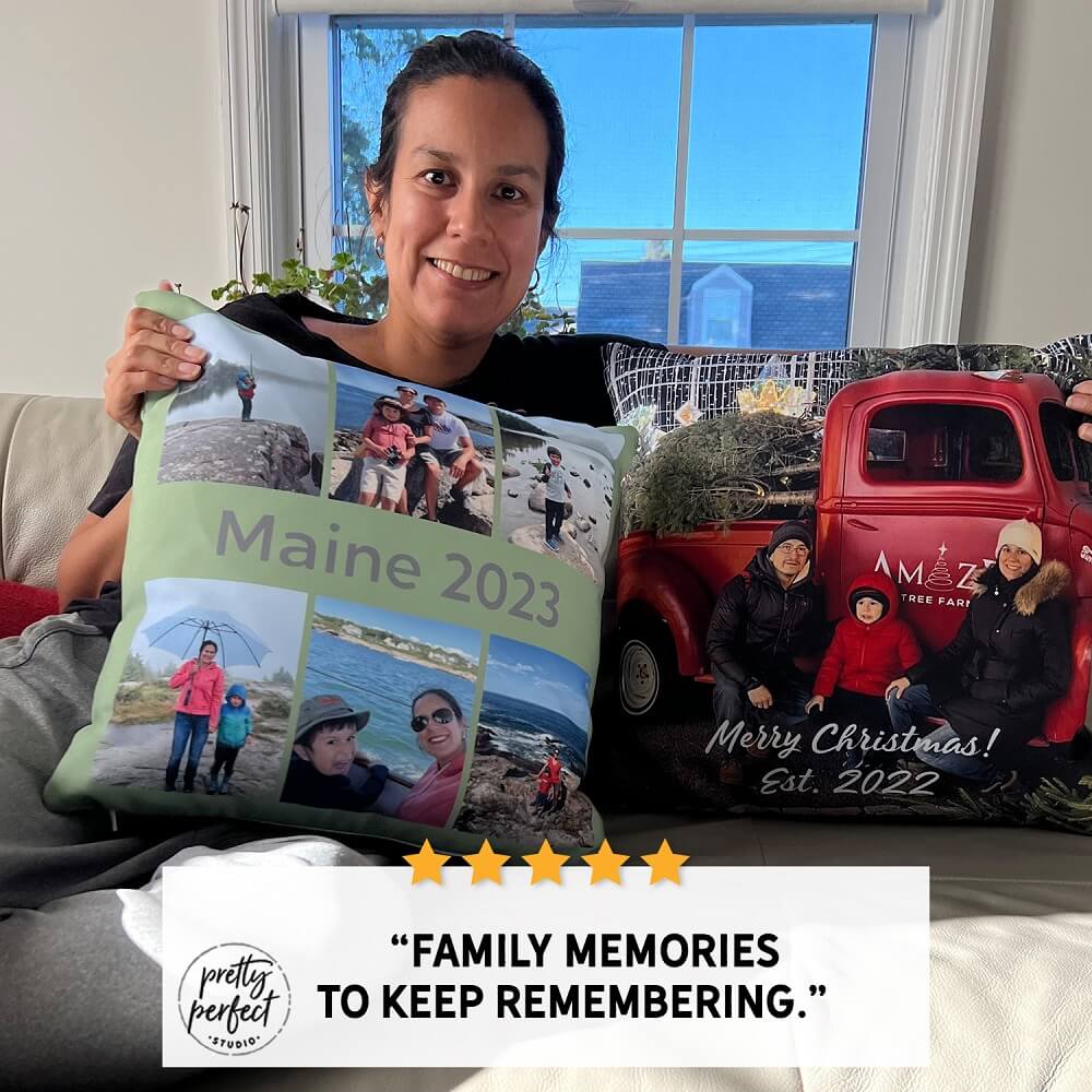 Personalized picture pillow featuring multiple photos in collage layout, perfect keepsake gift