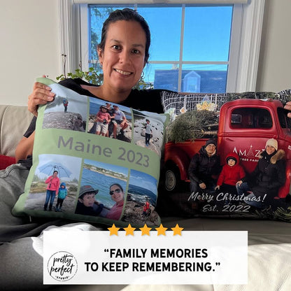 Personalized picture pillow featuring multiple photos in collage layout, perfect keepsake gift