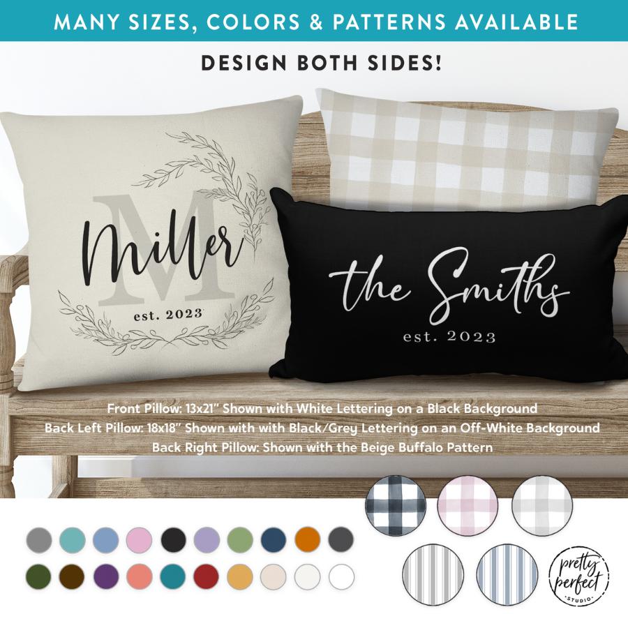 Custom personalized pillow covers with double-sided design options for couples and families. Featuring custom names, wedding dates, and various color and pattern choices. Available in multiple sizes for home decor gifts.