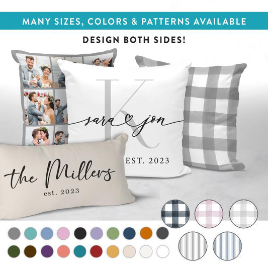 Personalized pillow covers with custom designs for couples, featuring names, wedding dates, and various patterns. Perfect for home decor gifts, available in multiple colors and sizes