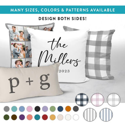Customizable pillow sets featuring family names like "The Millers 2023" and monogram designs such as "p + g." Available in various sizes, colors, and patterns, with the option to design both sides. Perfect for personalized home decor gifts with photo collage and stylish checkered patterns.