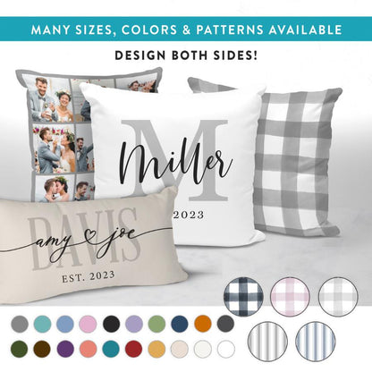 Customizable pillow sets with photo collage, personalized names, and multiple color and pattern options. Perfect for home decor gifts, featuring designs like "Miller 2023" and "Davis Est. 2023." Available in various sizes and styles.