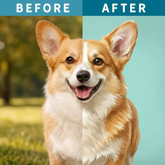 Custom Pet Portrait Painting from Photo Watercolor, Dog and Cat Drawing Artwork Personalized in Water Color – before and after example showing a dog photo transformed into a watercolor pet portrait