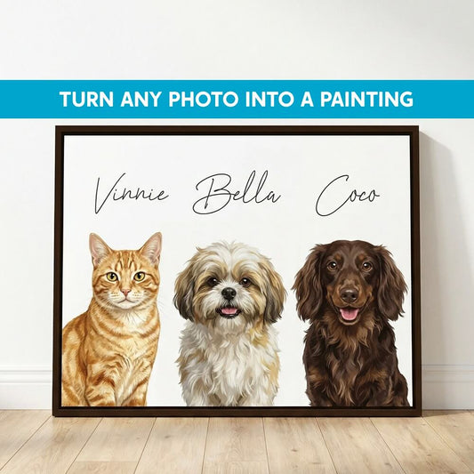 Custom Pet Portrait Painting from Photo Watercolor, Dog and Cat Drawing Artwork Personalized in Water Color – multiple pets watercolor portrait example with three cats illustrated from a photo