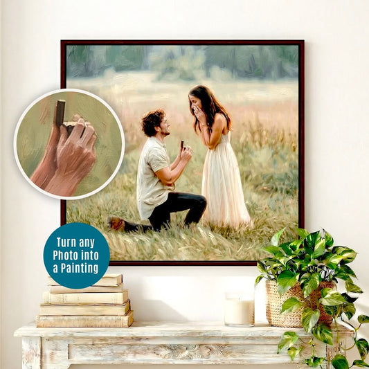 Romantic Custom Watercolor Oil Painting Couple Portrait from Photo featuring a wedding photo turned into elegant wall art for an anniversary present.