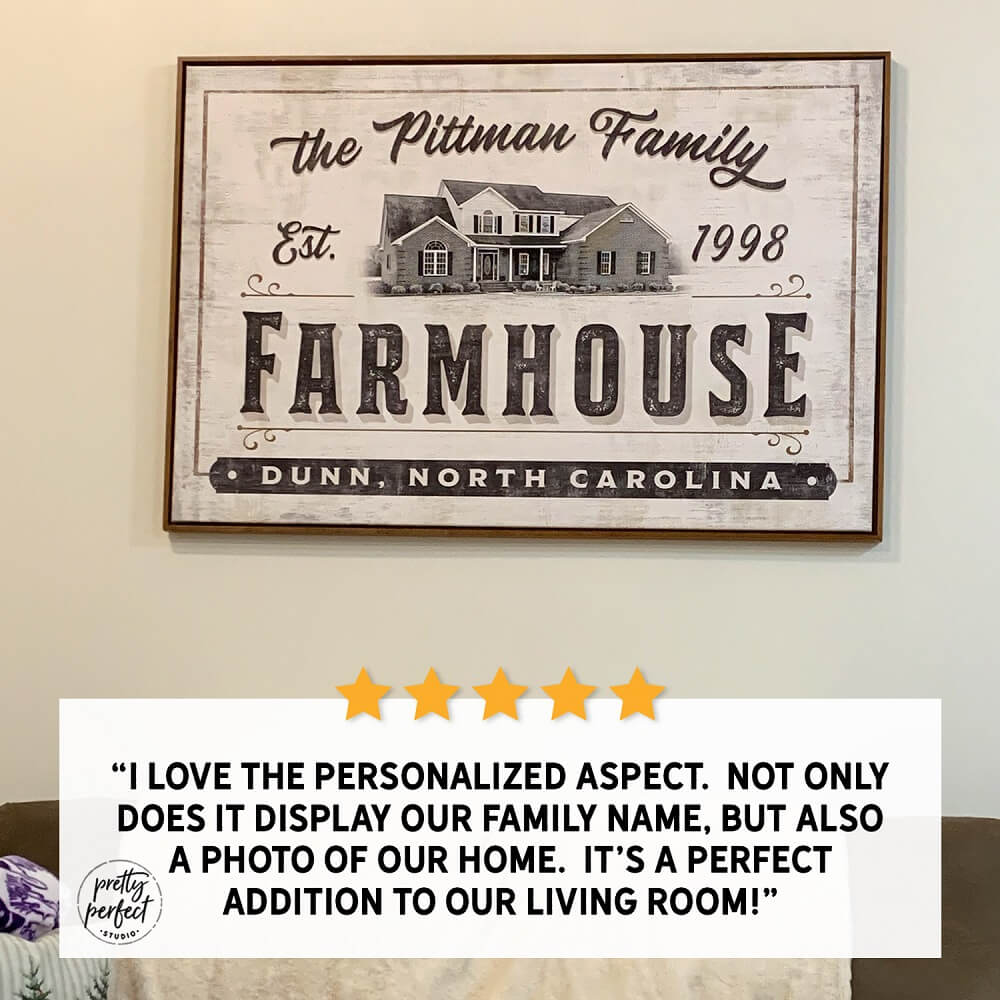 Personalized farmhouse wall art with Pittman Family name, house illustration, established 1998 in Dunn North Carolina, rustic custom family home decor canvas