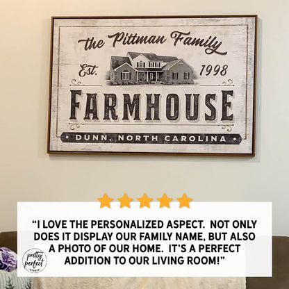 Personalized farmhouse wall art with Pittman Family name, house illustration, established 1998 in Dunn North Carolina, rustic custom family home decor canvas