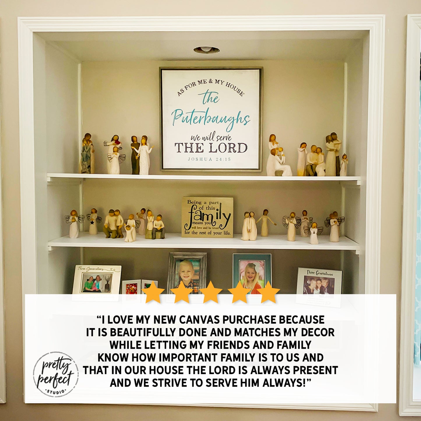 Shelving unit with decorative items and a framed picture, featuring a family-themed "As for me and My house" personalized scripture wall art.