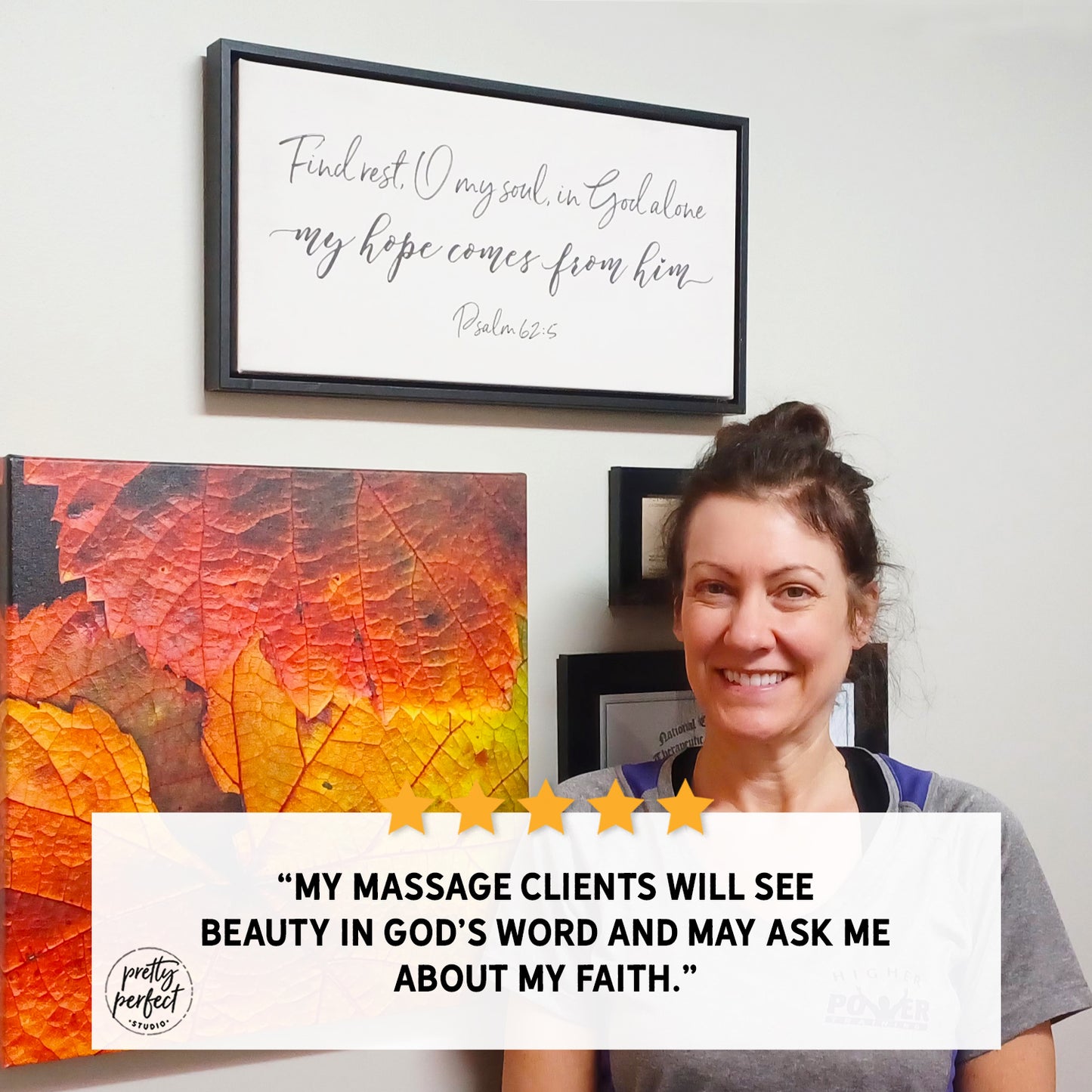 Woman standing in front of framed bible verse artwork of Psalms on a wall.