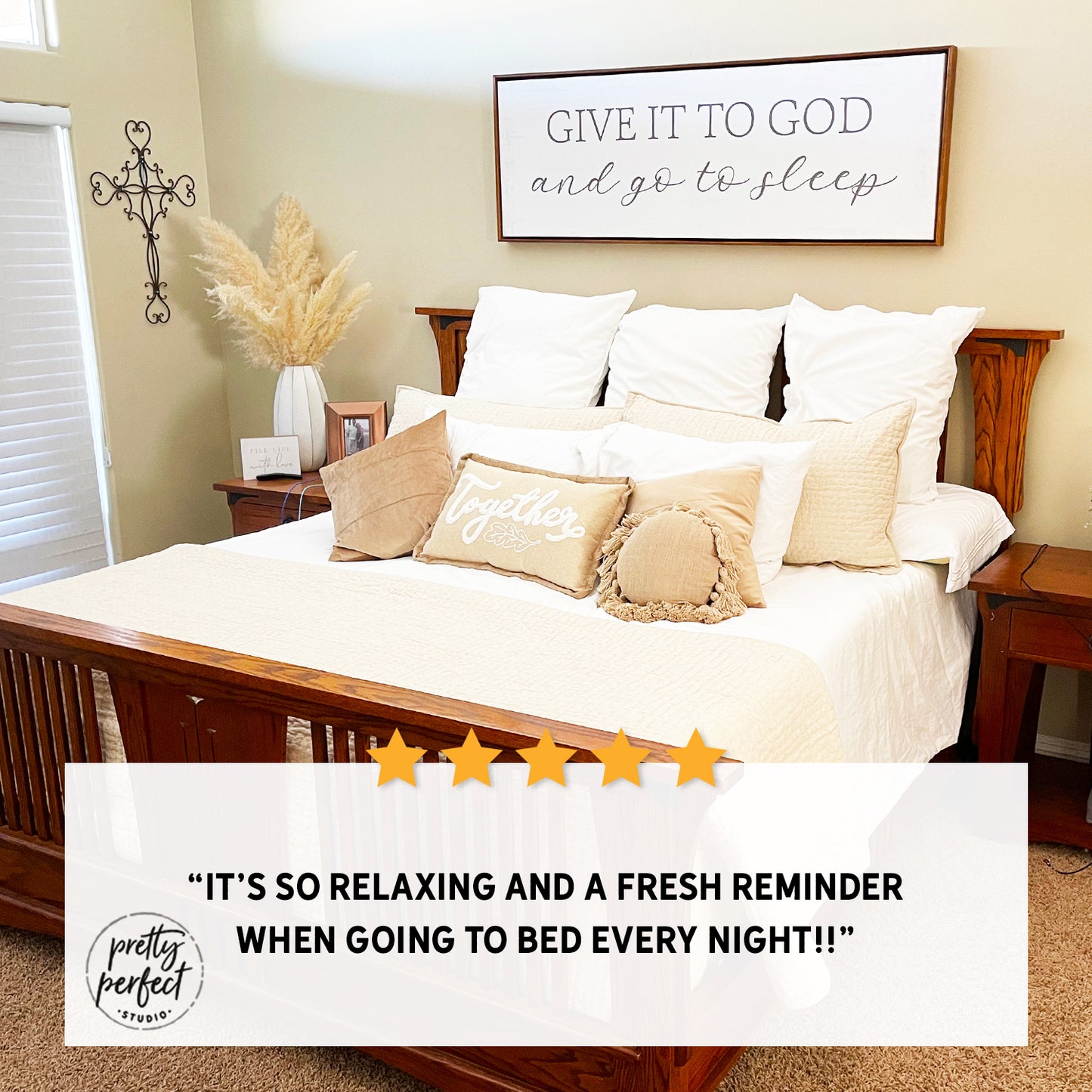 Review of bedroom canvas sign with a framed quote "Give it to God and go to sleep" on the wall.
