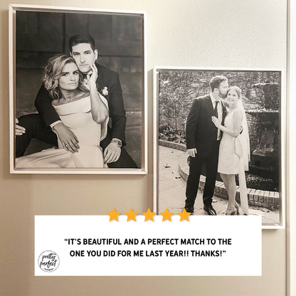Two framed black and white photos of a couple on a wall with a five-star rating and review.