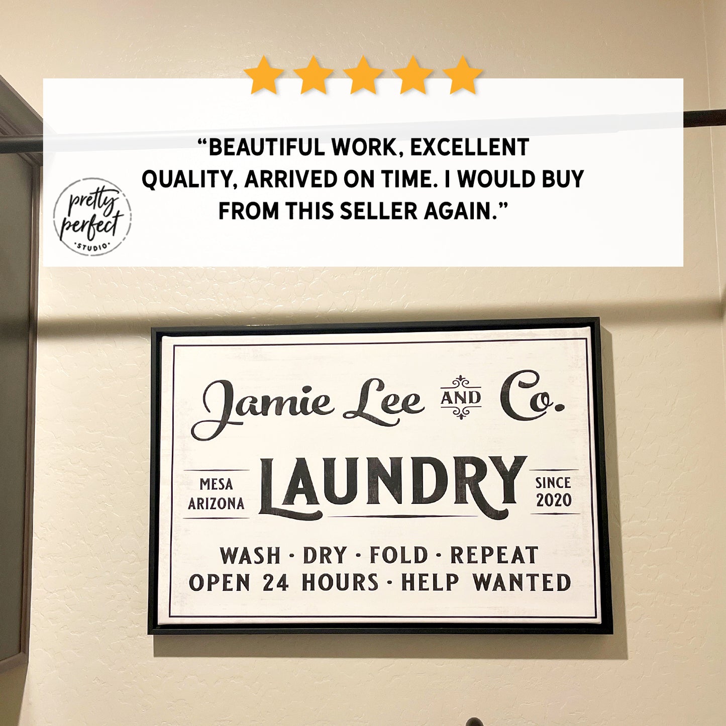 Customer product review for personalized laundry room sign by Pretty Perfect Studio