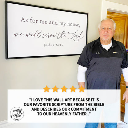 Man standing in a room with a framed scripture of "As for me and my house" on the wall, featuring a five-star rating and review.