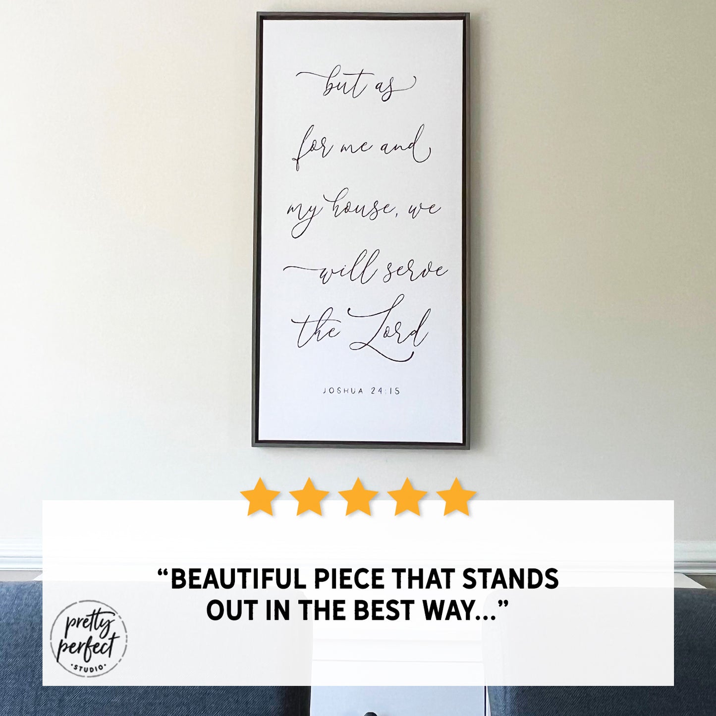Framed print with inspirational bible scripture on a wall, featuring a five-star rating and review text.