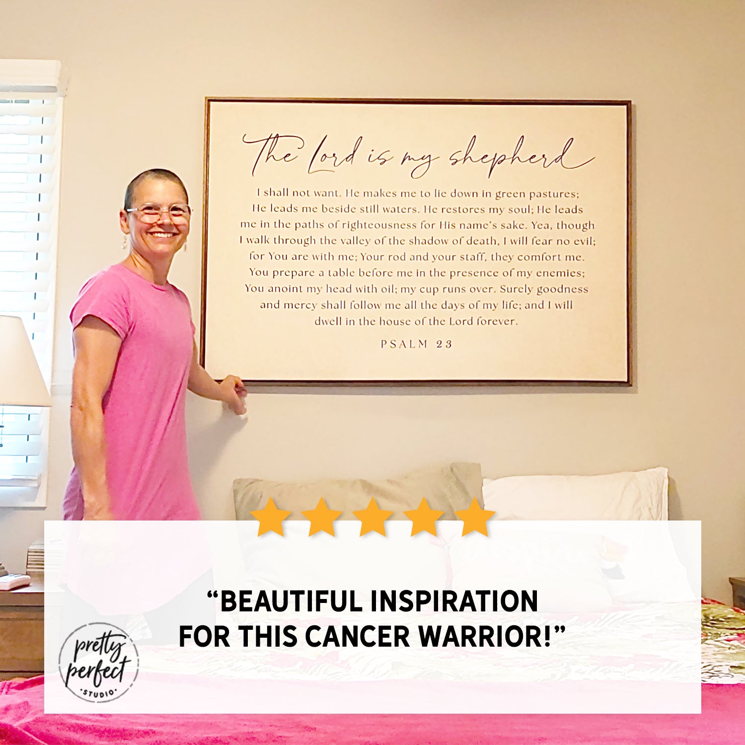 Woman standing next to a framed 'The Lord is my Shepherd' verse on a wall, with a five-star rating and positive comment overlay.