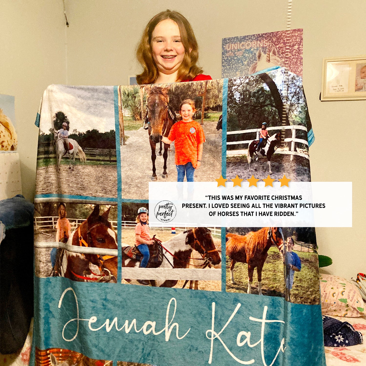 Personalized photo blanket with images of a girl and horses, featuring a 5-star rating and review.