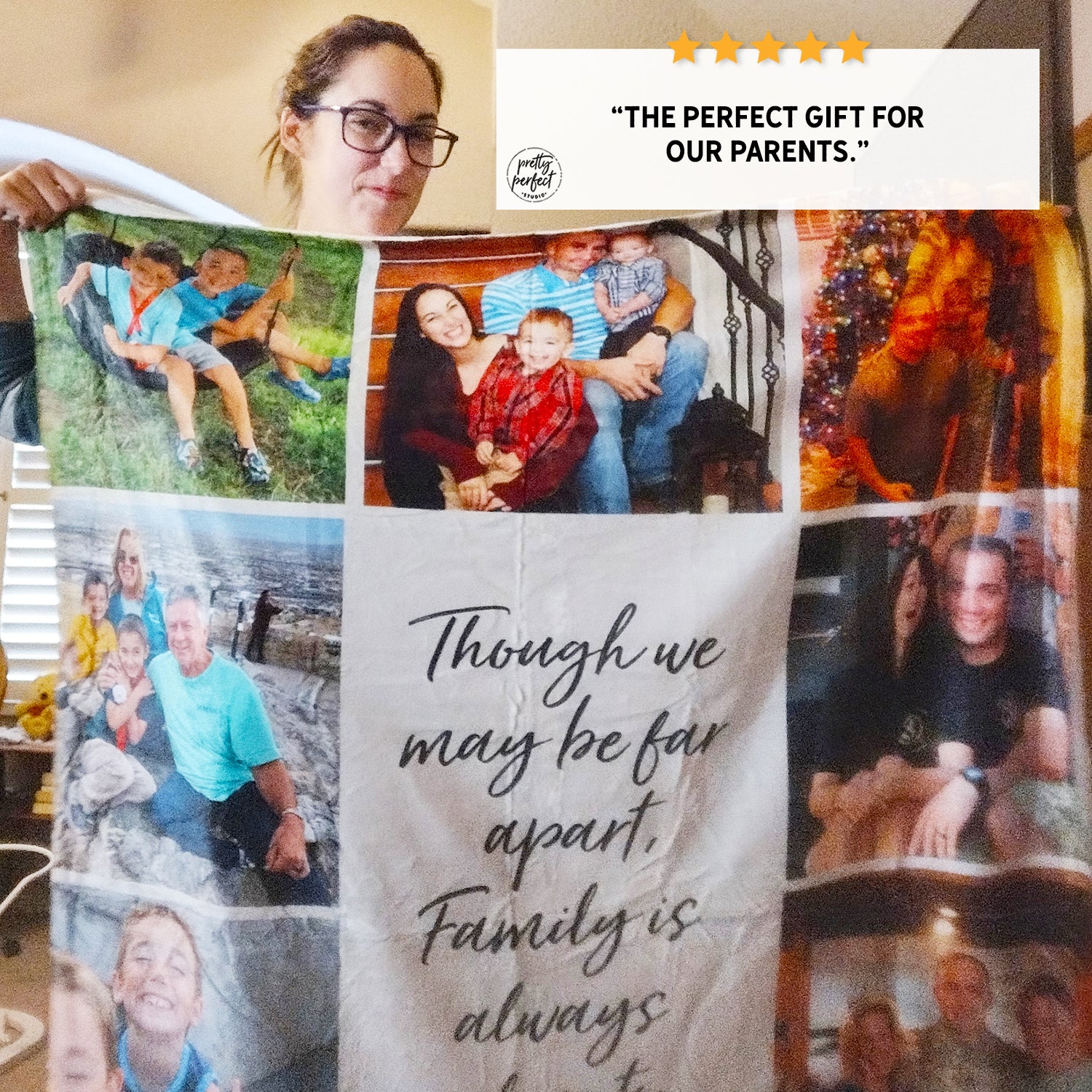 Blanket collage of family photos with a customer review for Pretty Perfect Studio.